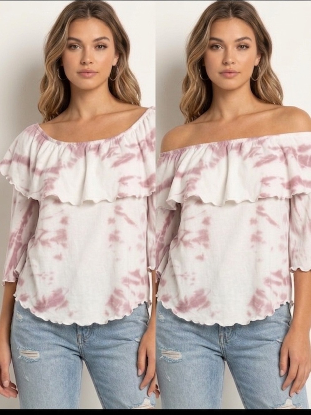 Chaser Women's White and Dusty Rose Tie-Dye Ruffle Blouse